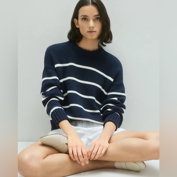 Quince organic cotton striped crew neck sweater in navy/white - Picture 1 of 8